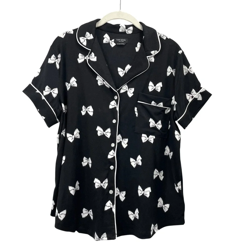 Kate Spade New York bow tie short sleeve pajama top Size M black white cute
